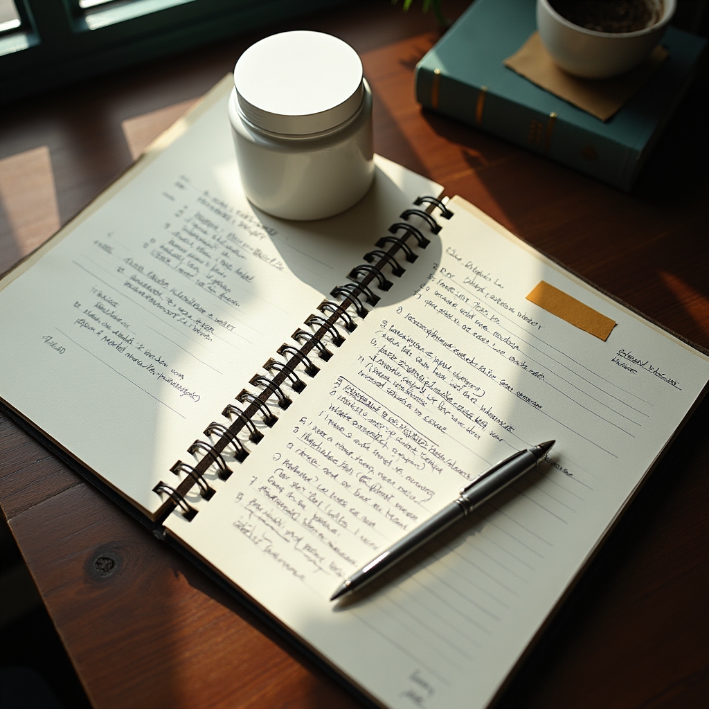 Creatine container next to an open notebook with handwritten research notes