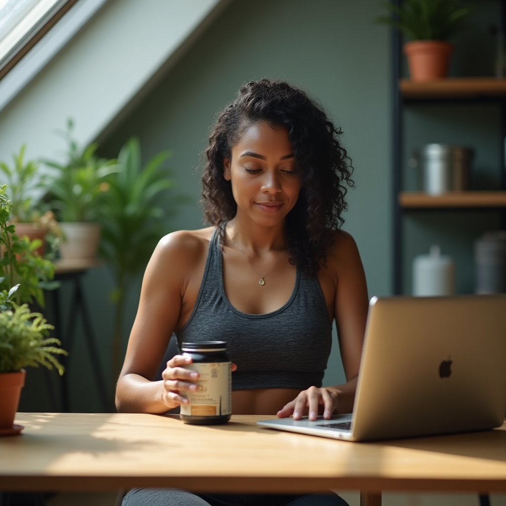 Person reviewing a supplement label next to a laptop showing a recorded course lesson