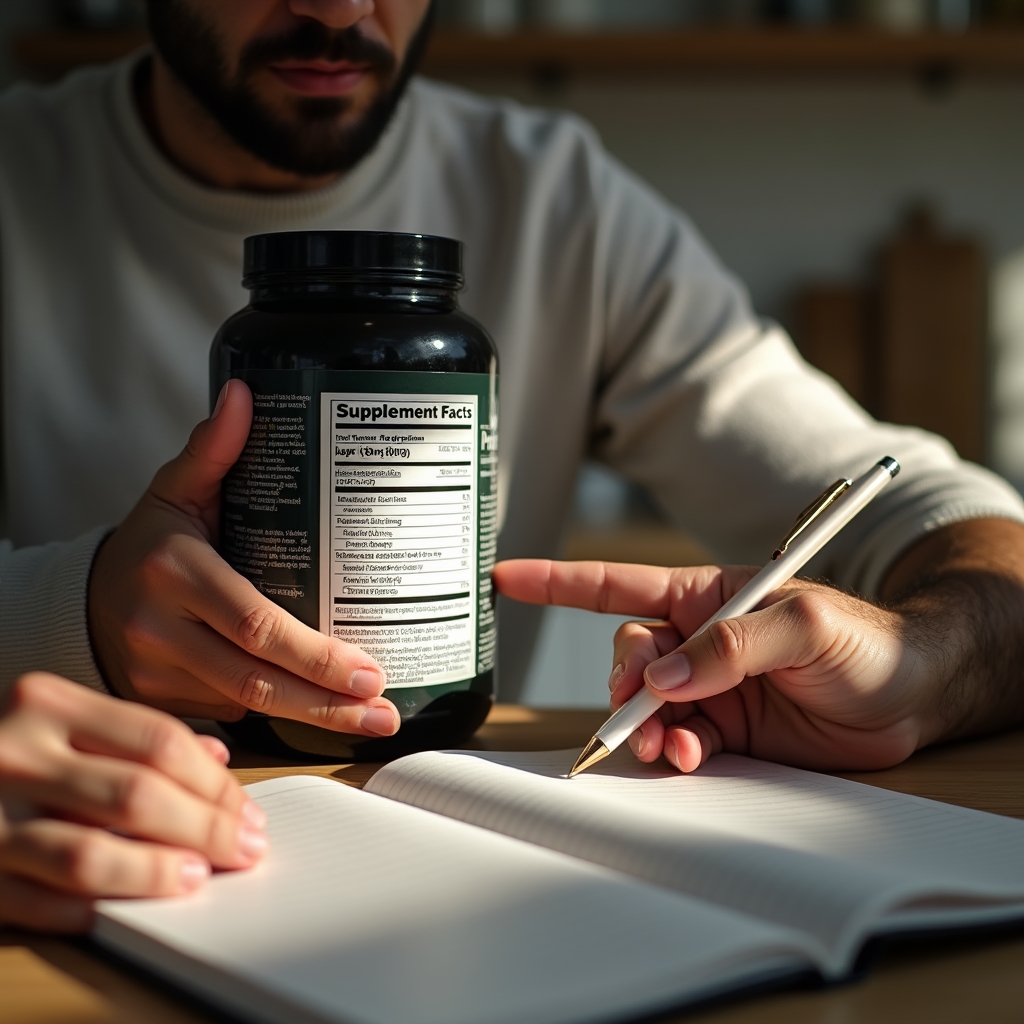 Close-up of hands reading a supplement facts label on a protein container