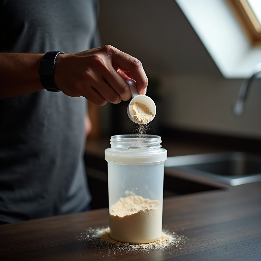 Hand using a scoop to measure protein powder next to a shaker bottle