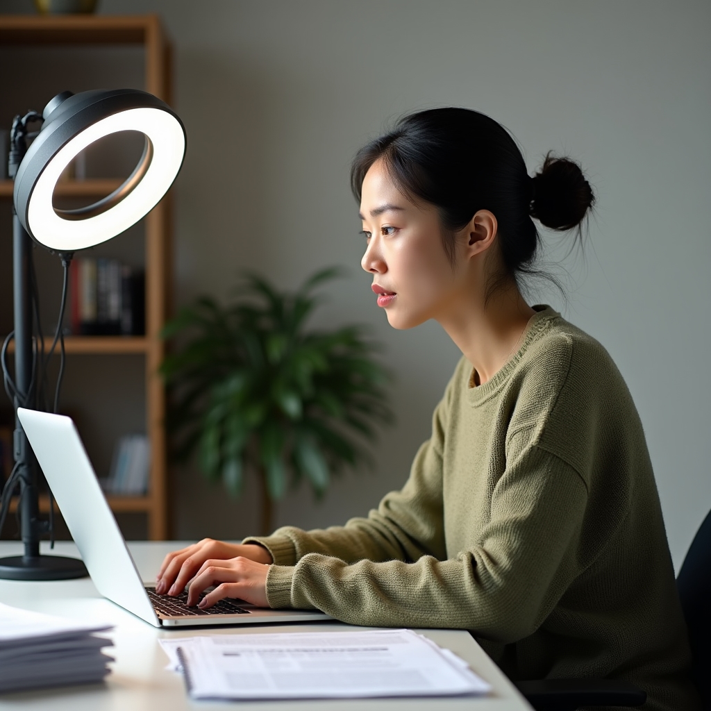 Instructor recording a video lesson at a desk with research papers and a laptop