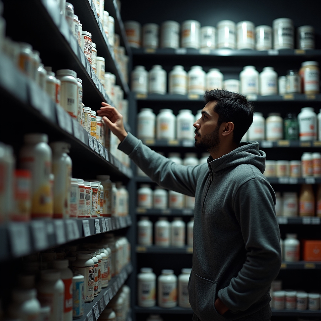 Shelf lined with many supplement tubs and bottles, illustrating how overwhelming product choice can be